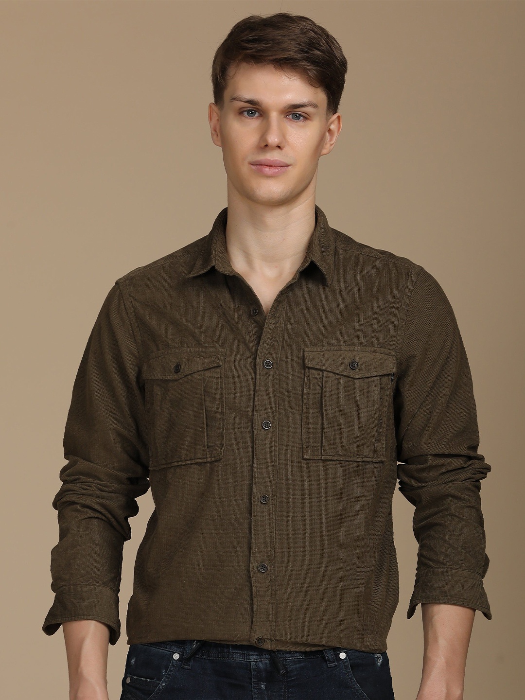 

POE Men Slim Fit Opaque Casual Shirt, Olive