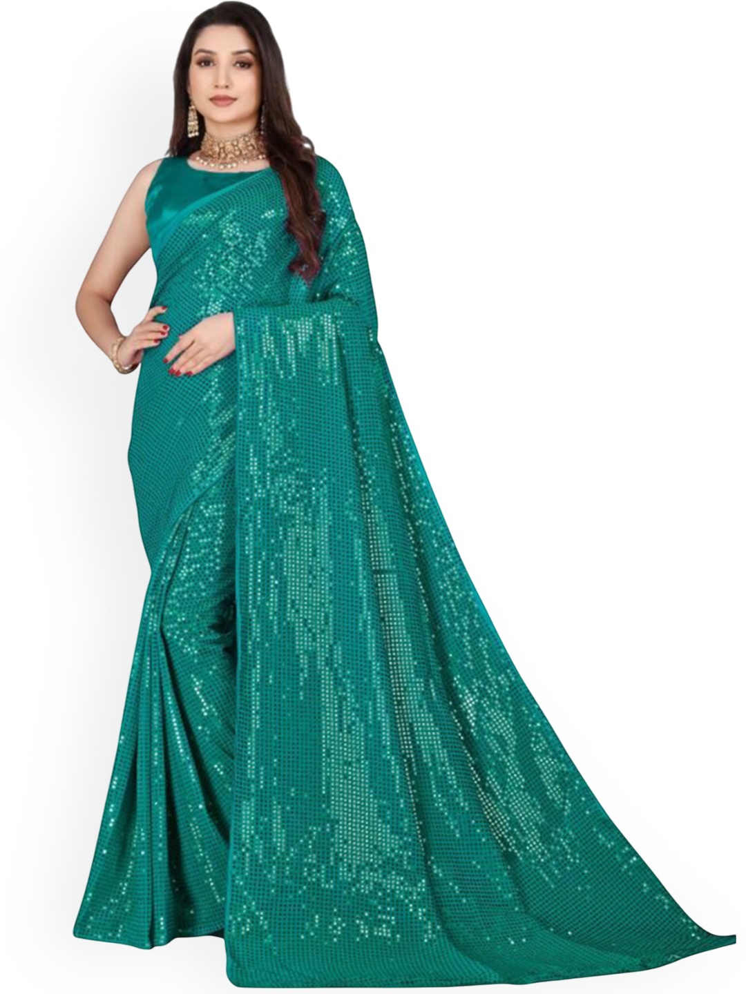 

THE52 Embellished Sequinned Pure Georgette Saree, Green