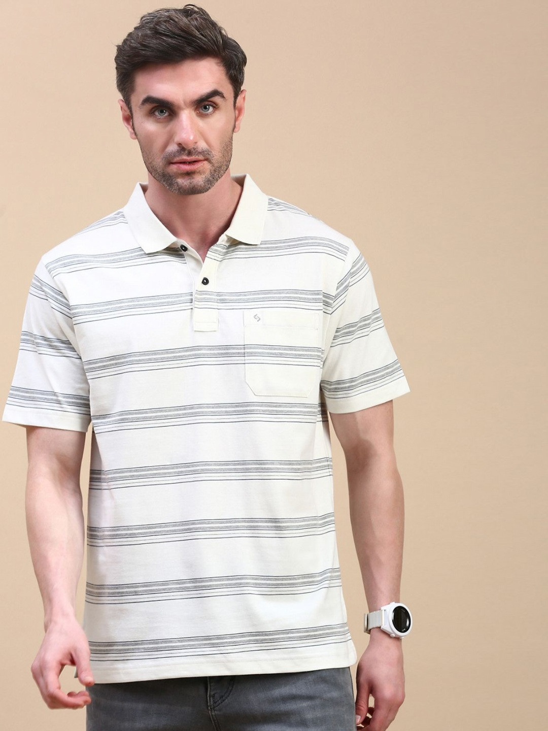 

Classic Polo Men Striped Polo Collar Pockets T-shirt, Off white