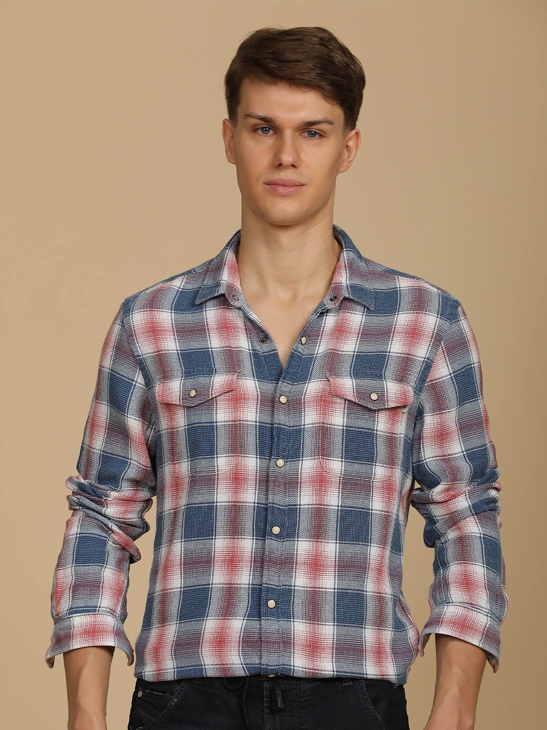 

POE Men Slim Fit Tartan Checks Opaque Checked Casual Shirt, Maroon