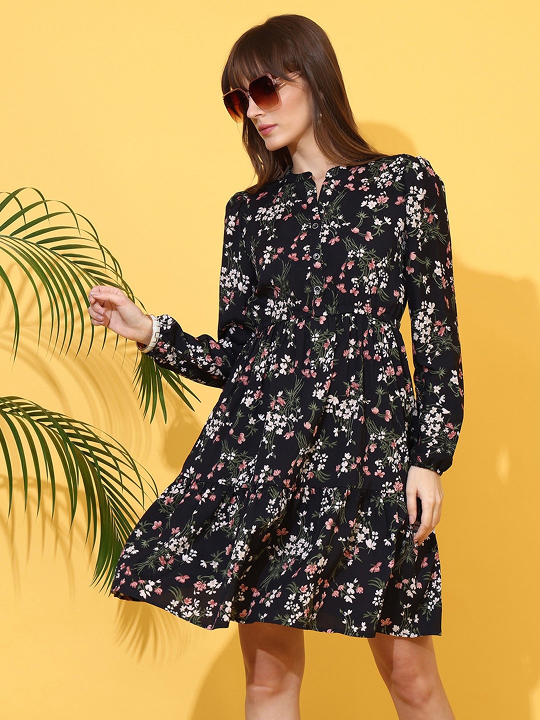 

De La Moda Floral Print Crepe Fit & Flare Dress, Black