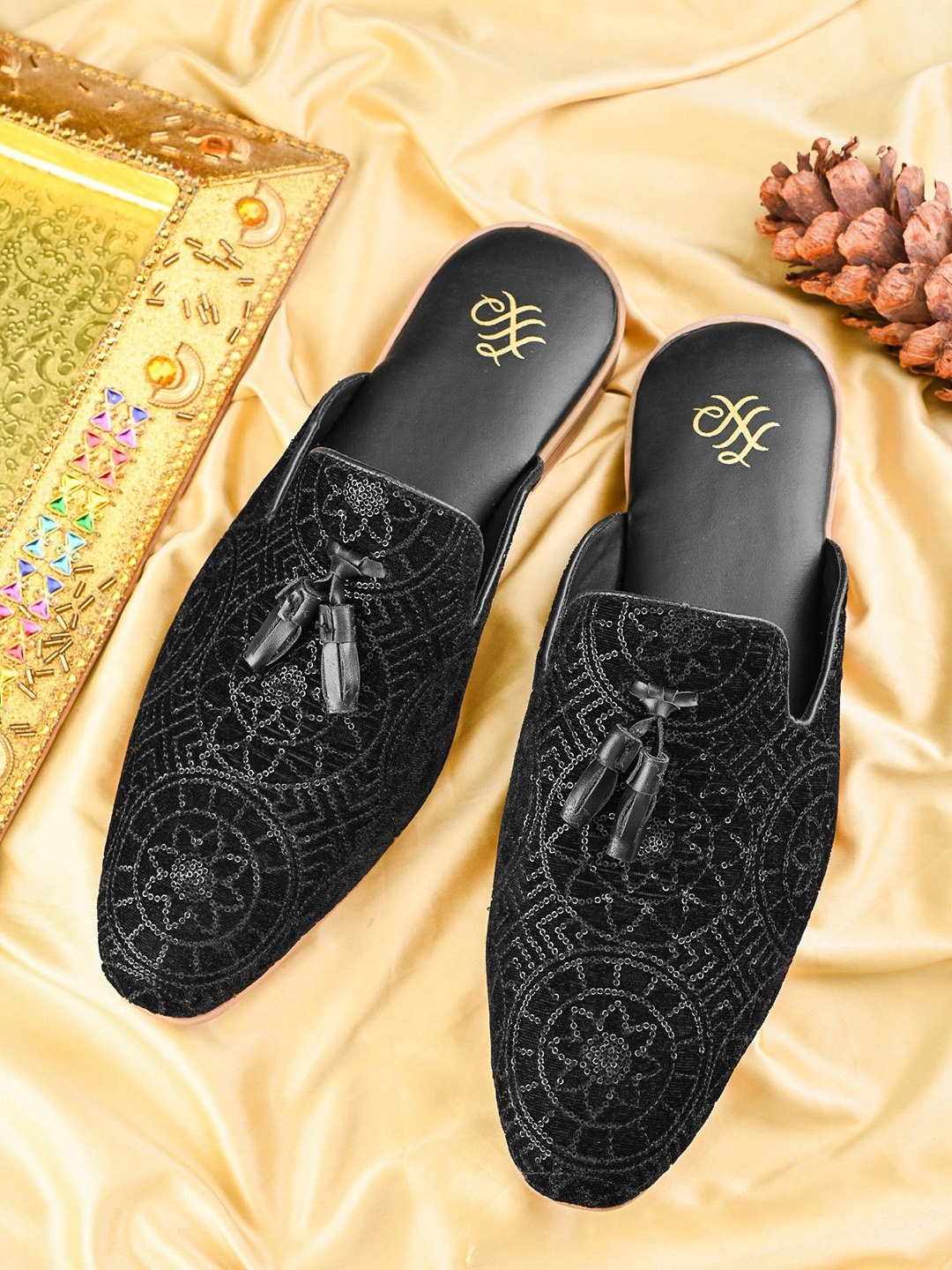 

House of Pataudi Men Embellished Slip-On Mules, Black