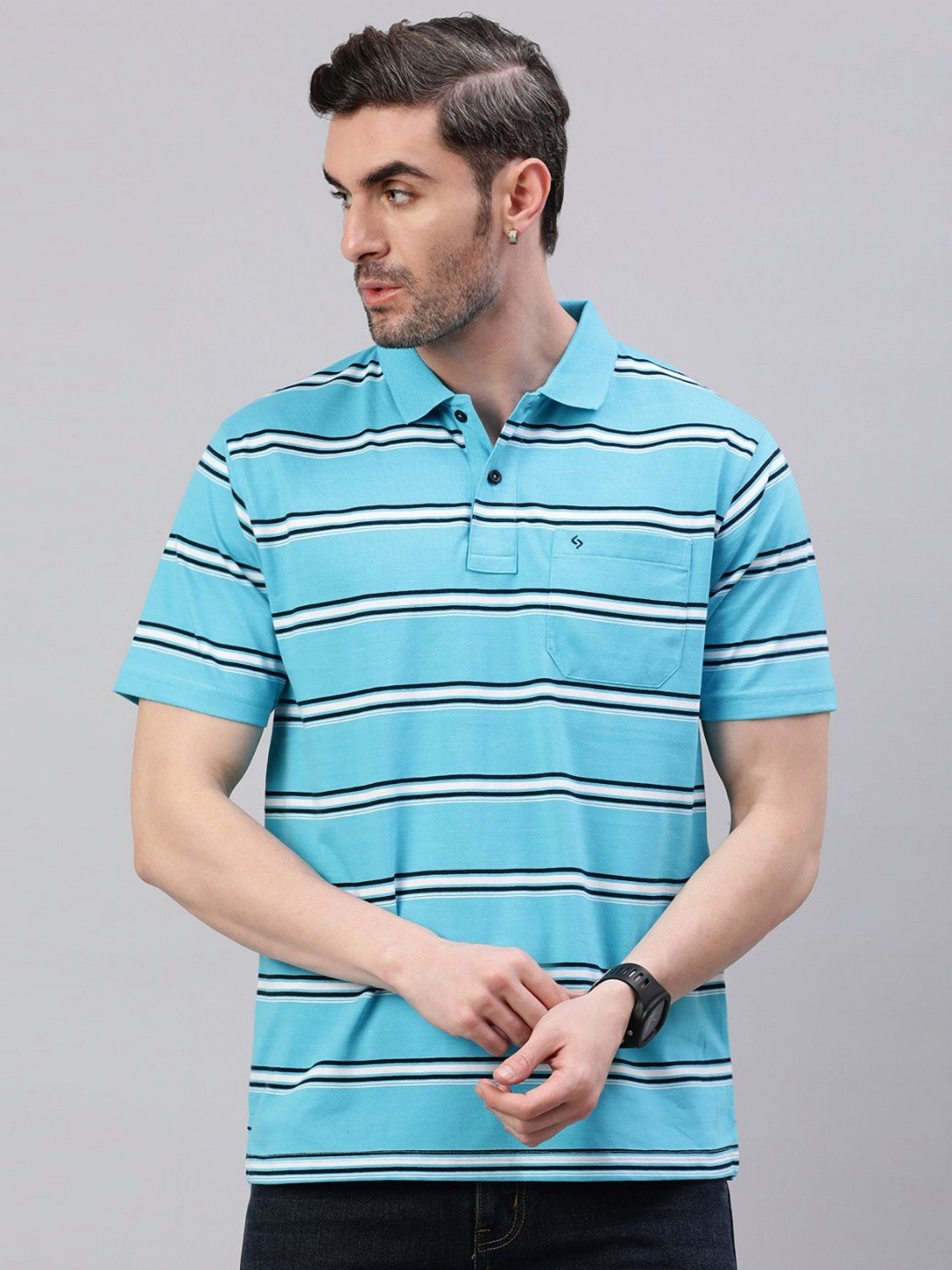 

Classic Polo Men Striped Polo Collar Pockets T-shirt, Blue