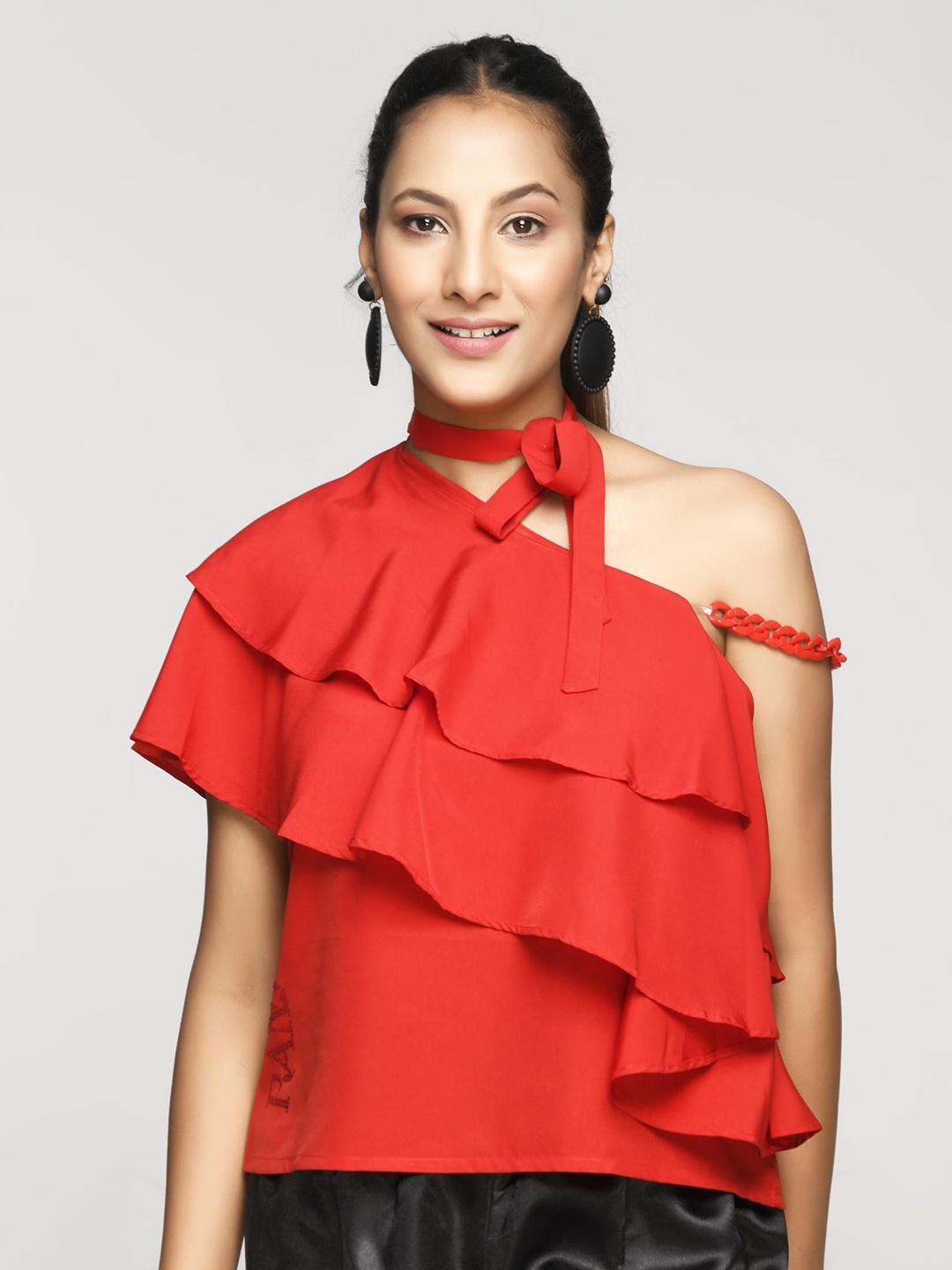 

RANJ One Shoulder Flutter Sleeve Crepe Crop Top, Red