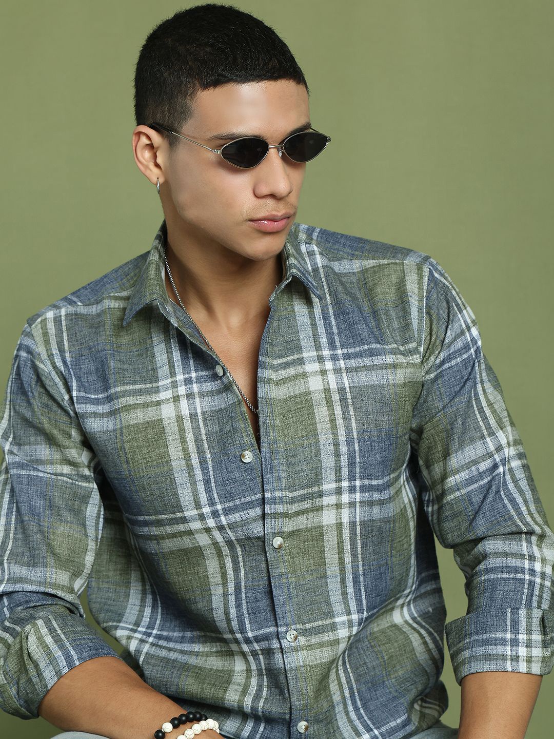 

Indian Needle Men Classic Windowpane Checks Opaque Checked Casual Shirt, Brown