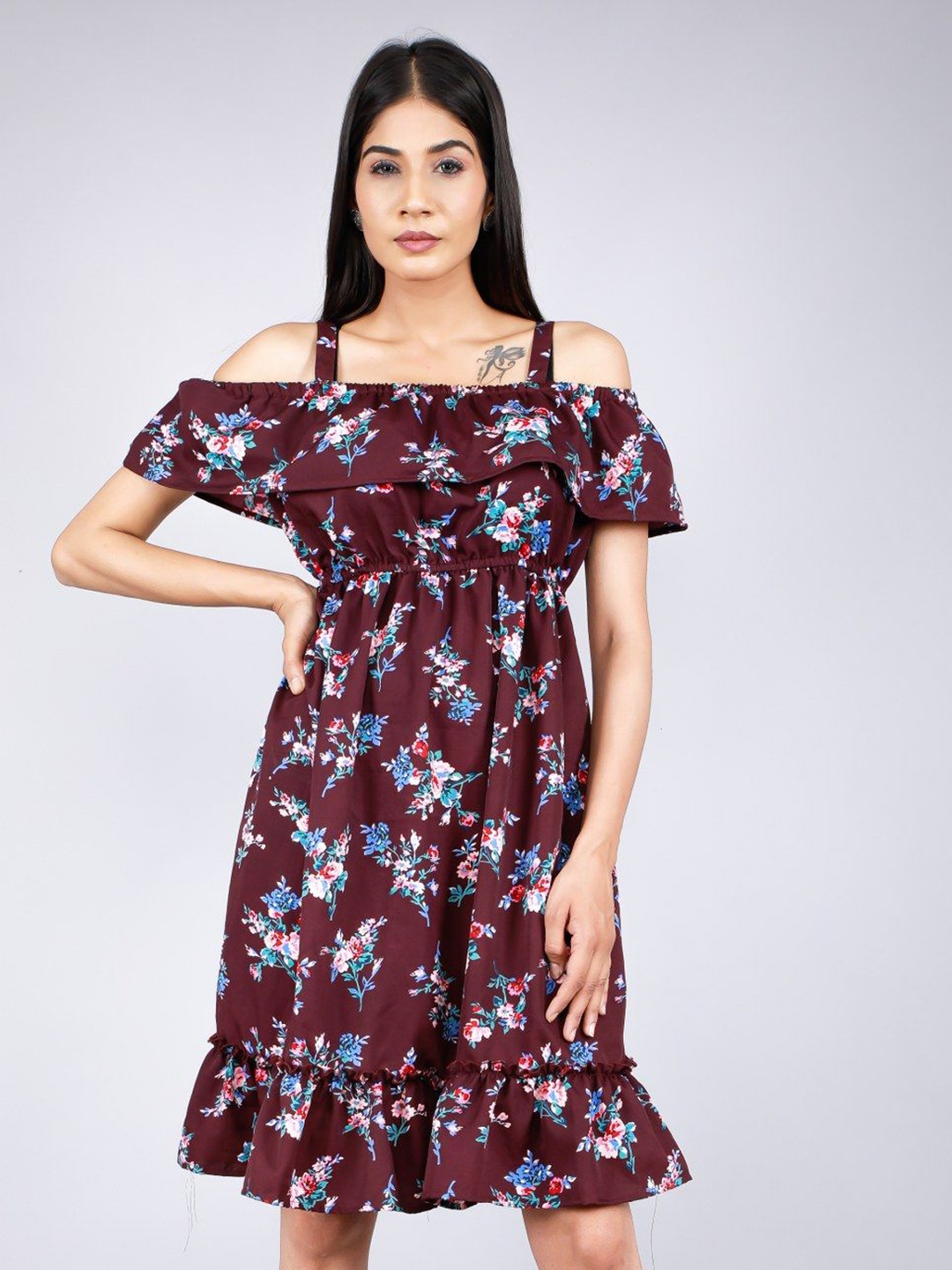 

JAIPURI LIBAS Floral Print Off-Shoulder Crepe A-Line Dress, Maroon