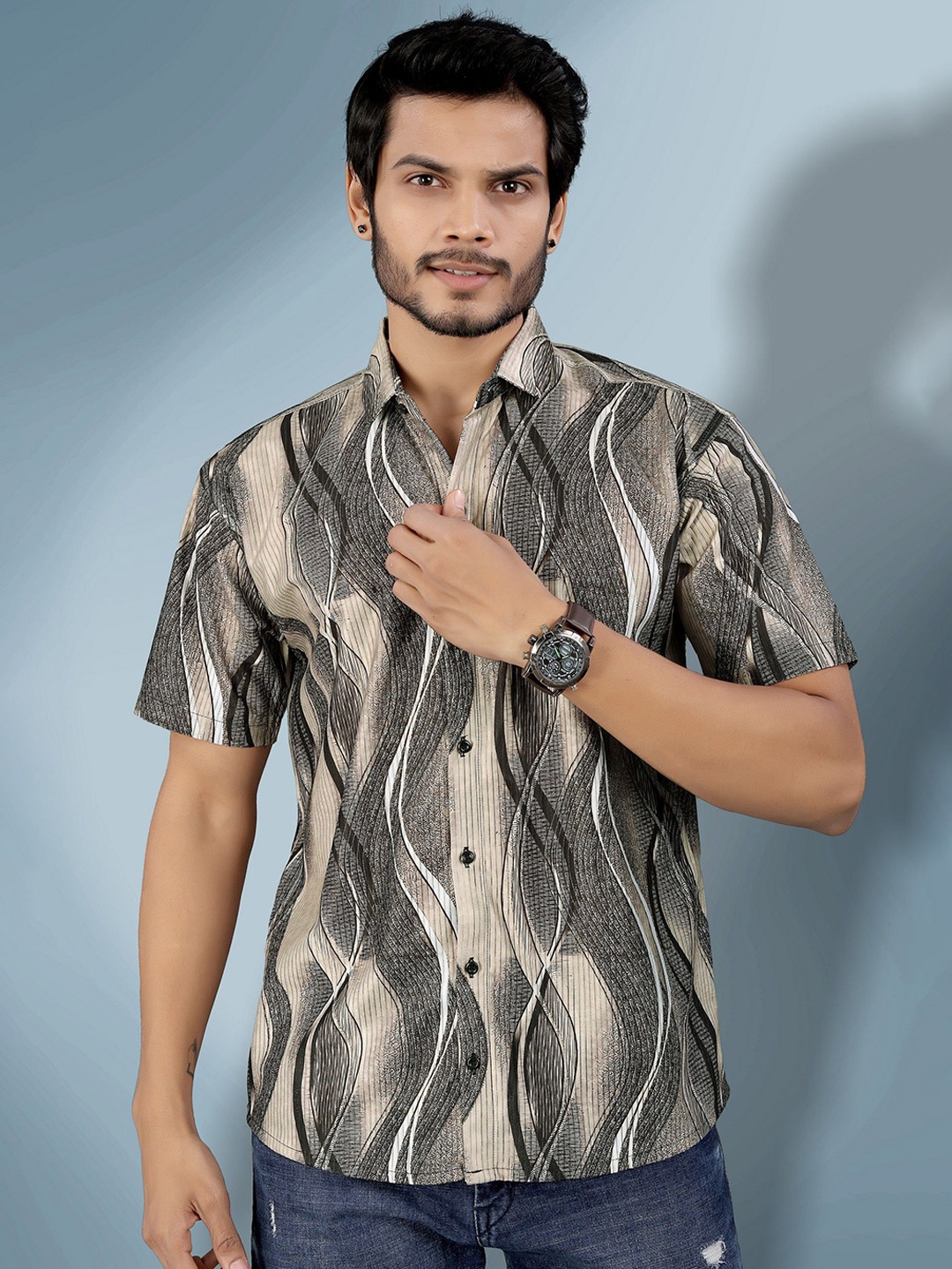 

Metronaut Men Semi Sheer Printed Casual Shirt, Grey melange