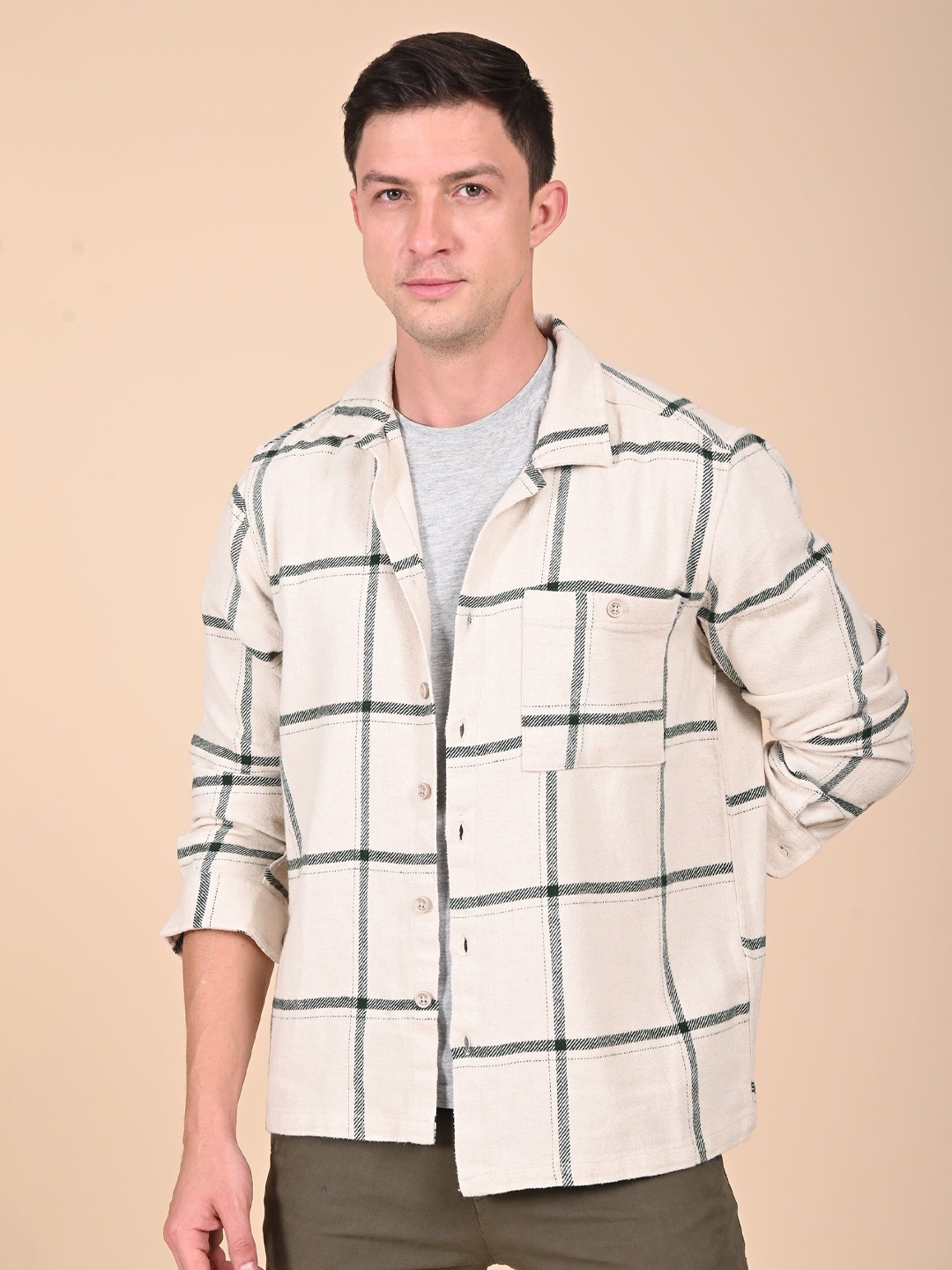 

POE Men Slim Fit Windowpane Checks Opaque Checked Casual Shirt, Green