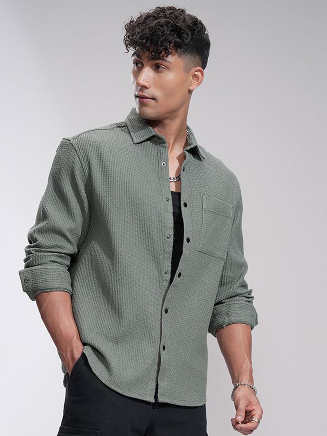 

HIGHLANDER Men Comfort Opaque Casual Shirt, Olive