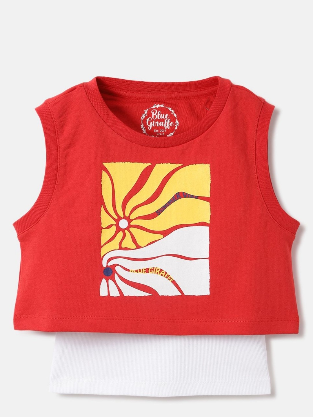 

Blue Giraffe Girls Printed Pure Cotton Raw Edge T-shirt, Red