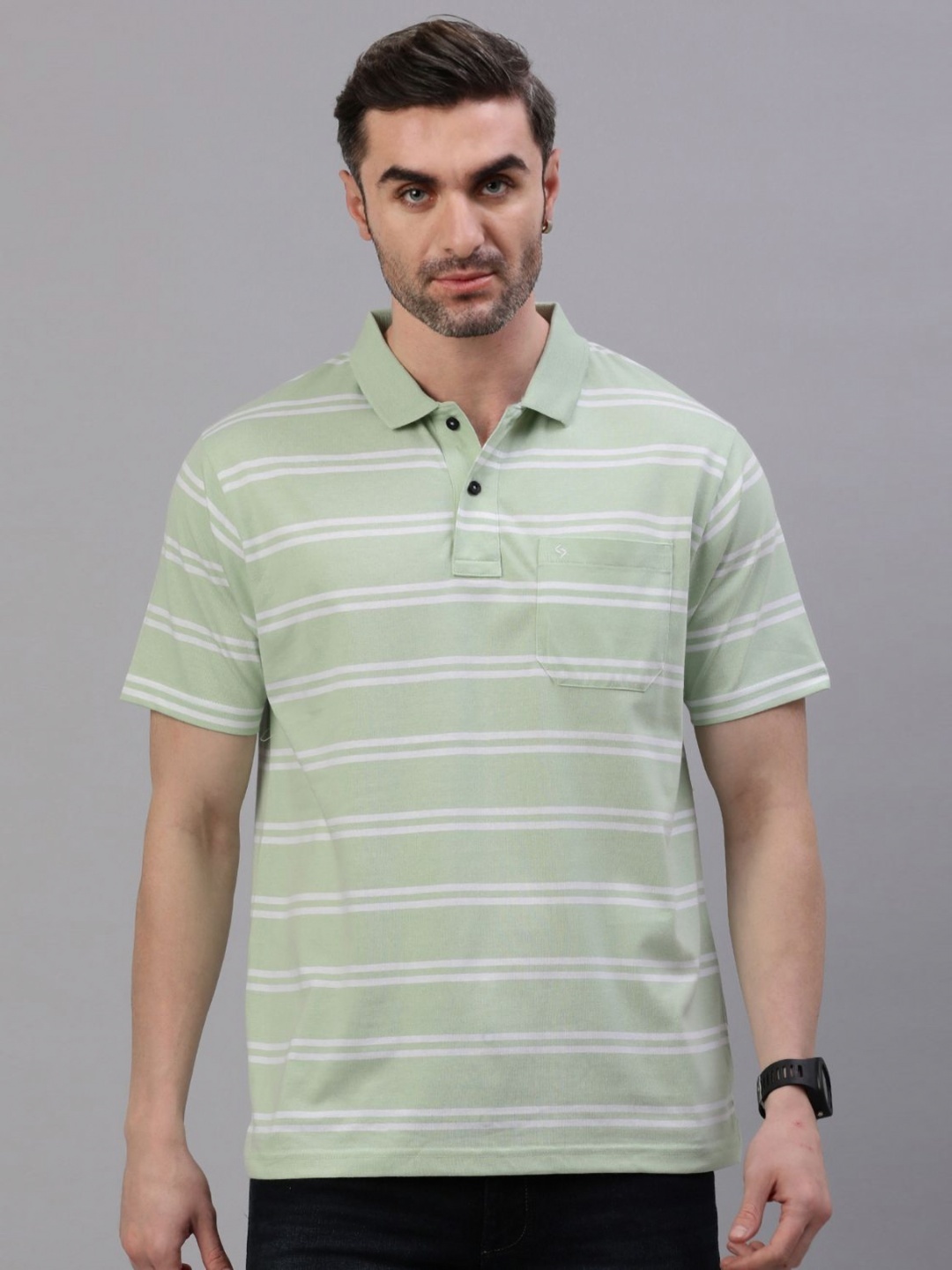 

Classic Polo Men Striped Polo Collar Pockets T-shirt, Green