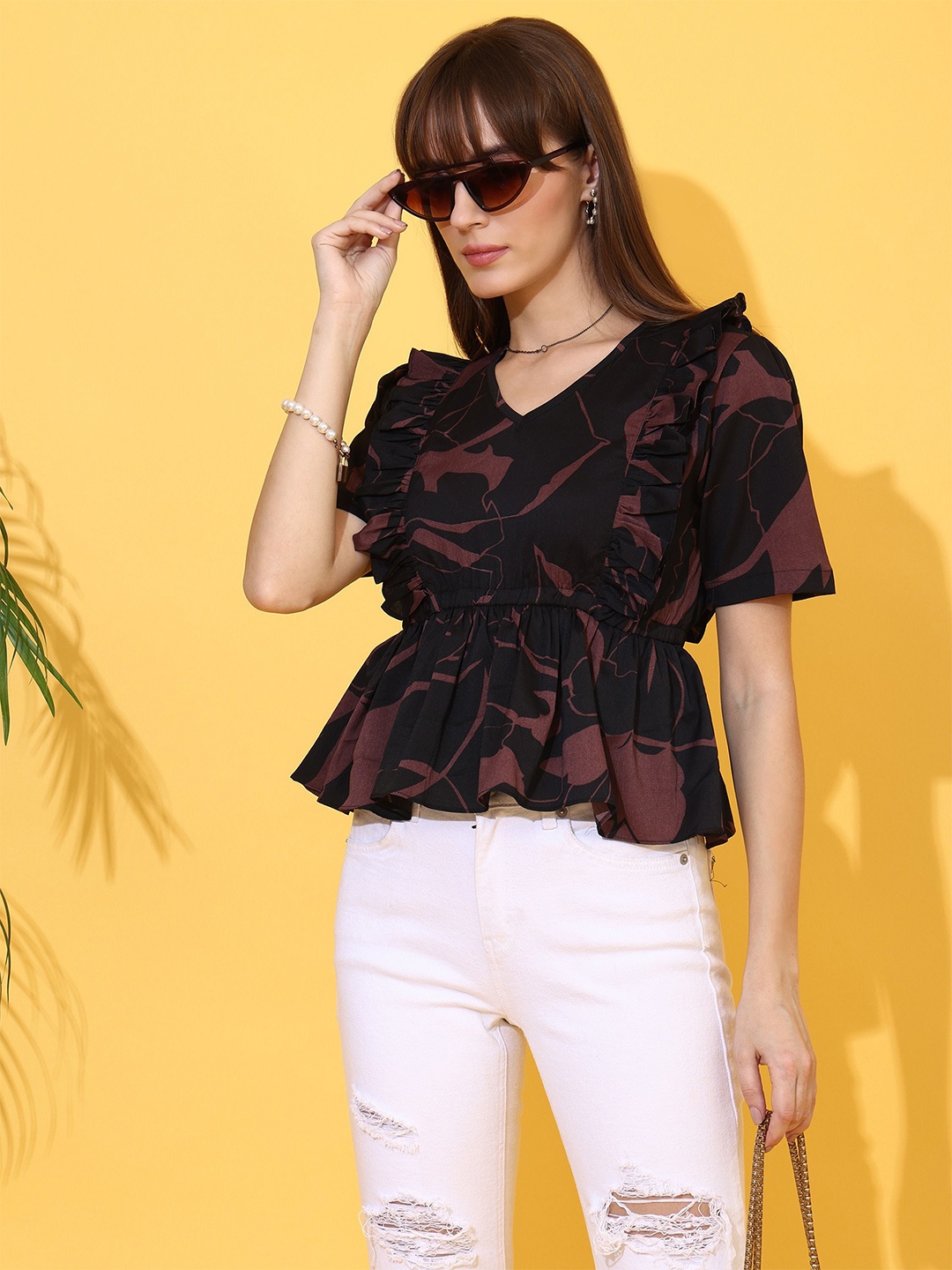 

De La Moda Women Abstract Printed Peplum Top, Black