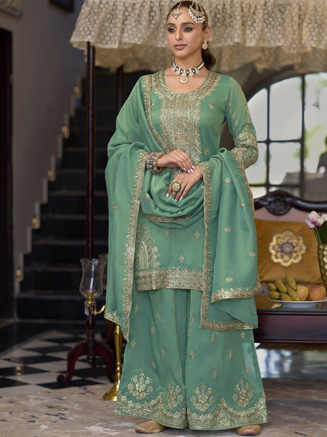 

AUTUMN LANE Floral Embroidered Sequinned Straight Kurta With Palazzos & Dupatta, Teal