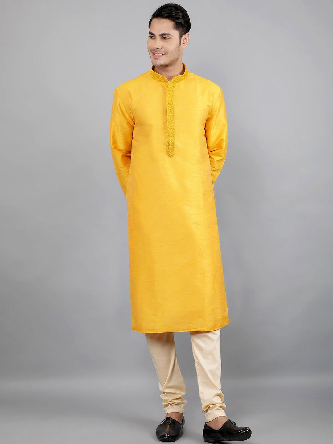 

Manish Creations Woven Design Band Collar Jacquard Kurta with Churidar, Mustard