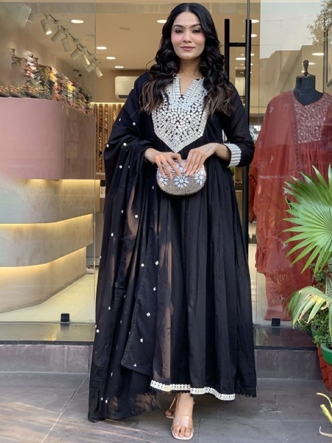 

KALINI Embroidered Thread Work Pure Silk A-Line Kurta With Trousers & Dupatta, Black