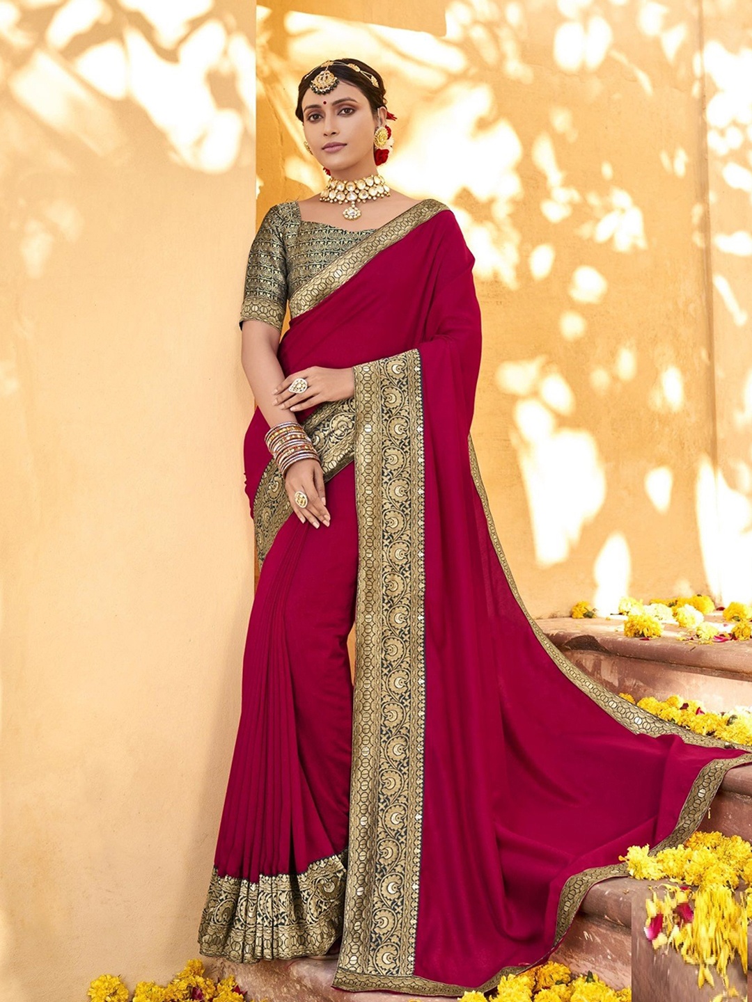 

MAHALASA Embroidered Border Saree With Unstitched Blouse Piece, Pink