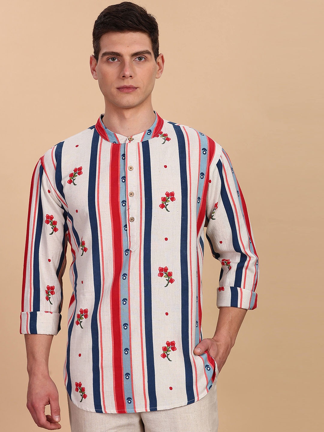 

Anouk Striped Printed Band Collar Pure Cotton Short Kurta, White