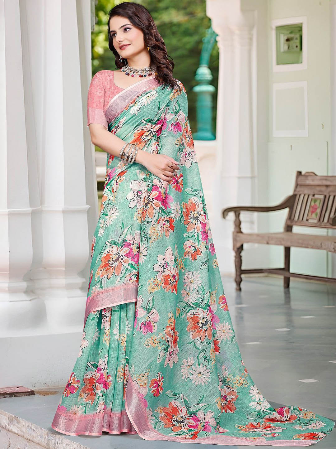 

Iris Floral Pure Cotton Saree, Green