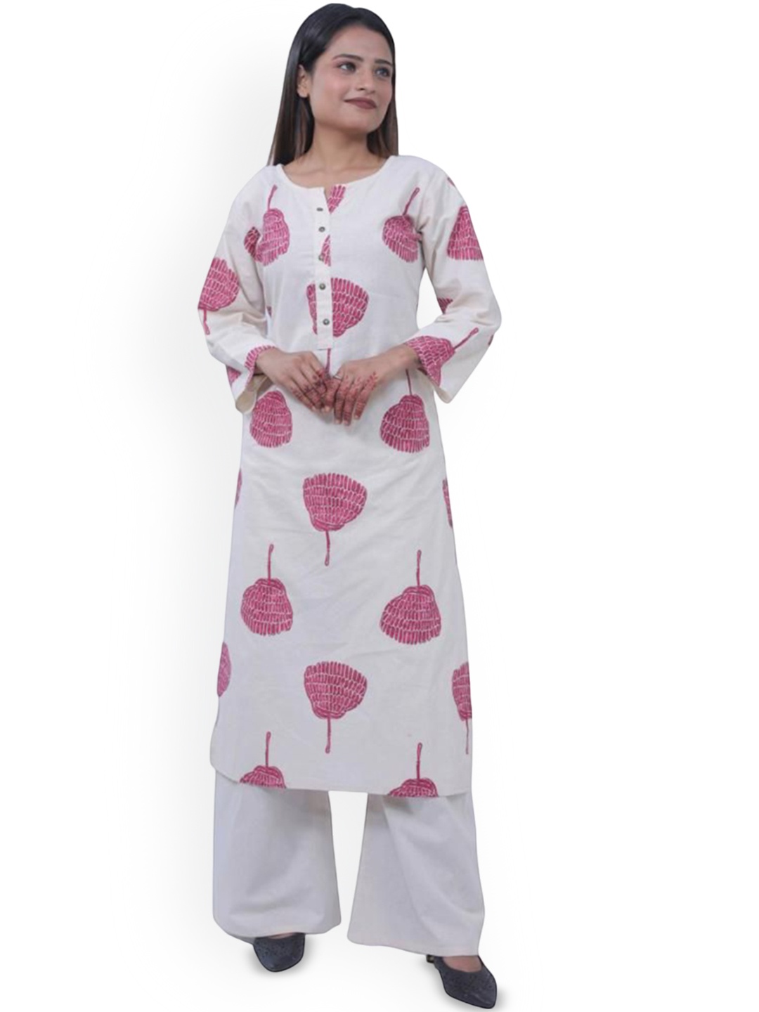 

Wavy Collection Floral Printed Straight Kurta with Palazzo, Cream