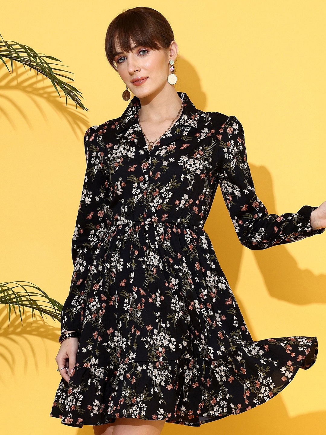 

De La Moda Floral Print Crepe Shirt Dress, Black