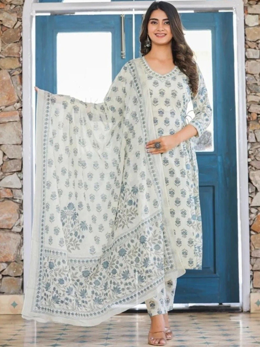 

Moda Rapido Floral Printed V-Neck Straight Kurta With Trousers & Dupatta, White