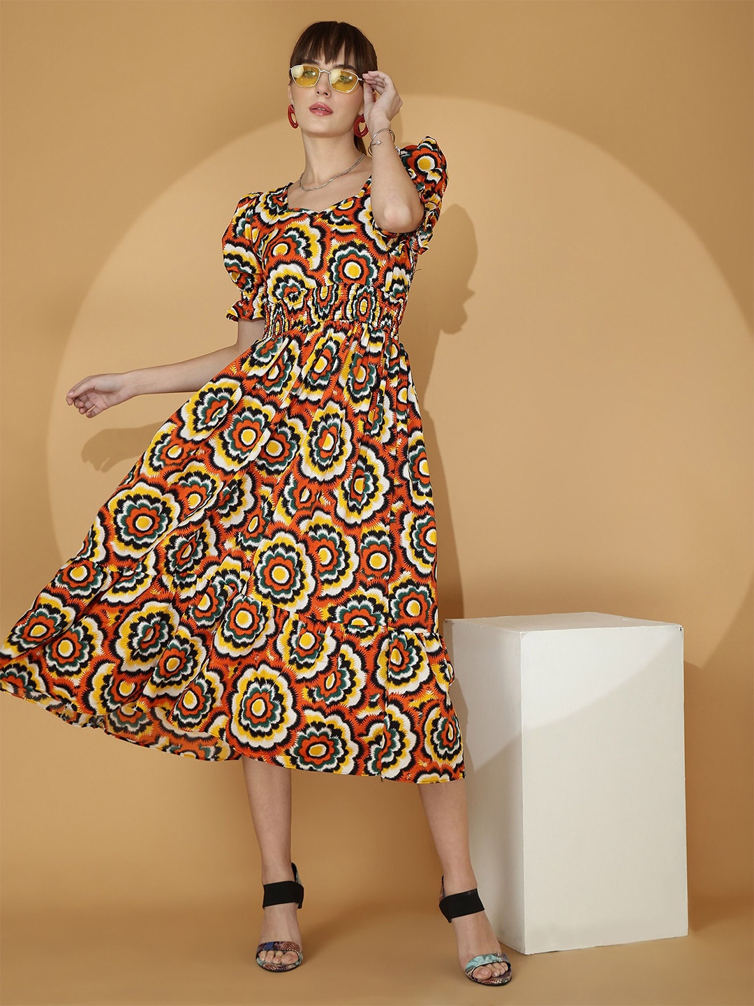 

De La Moda Floral Print Puff Sleeve Crepe Fit & Flare Midi Dress, Multi