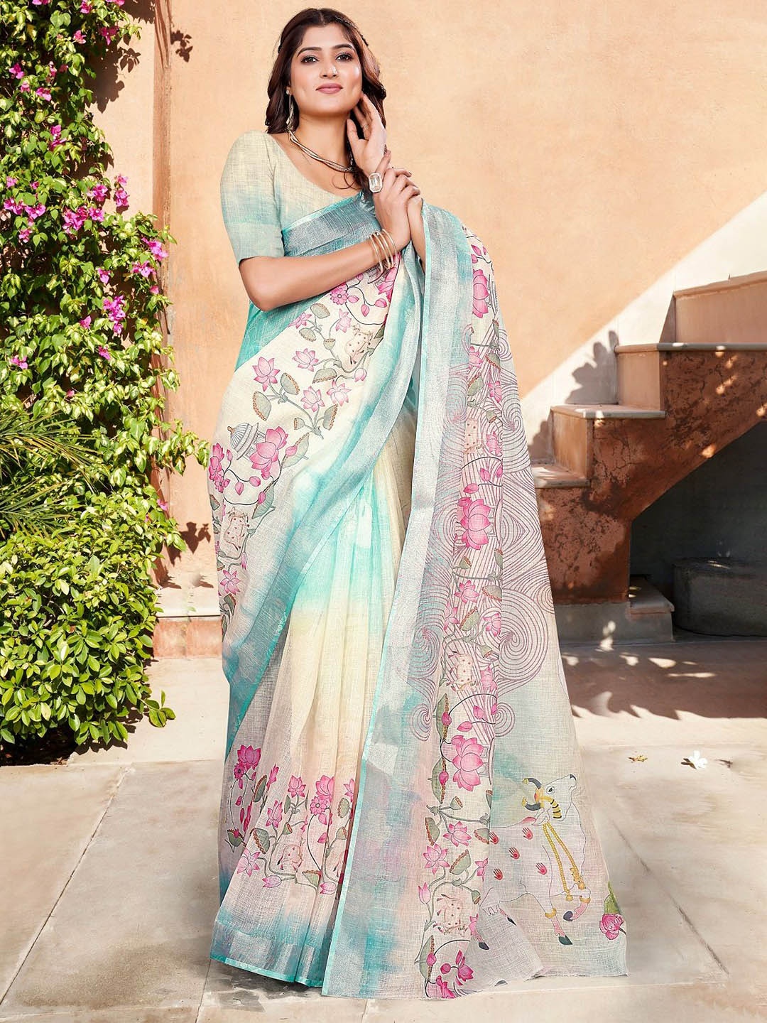 

Iris Floral Printed Pure Cotton Saree, White