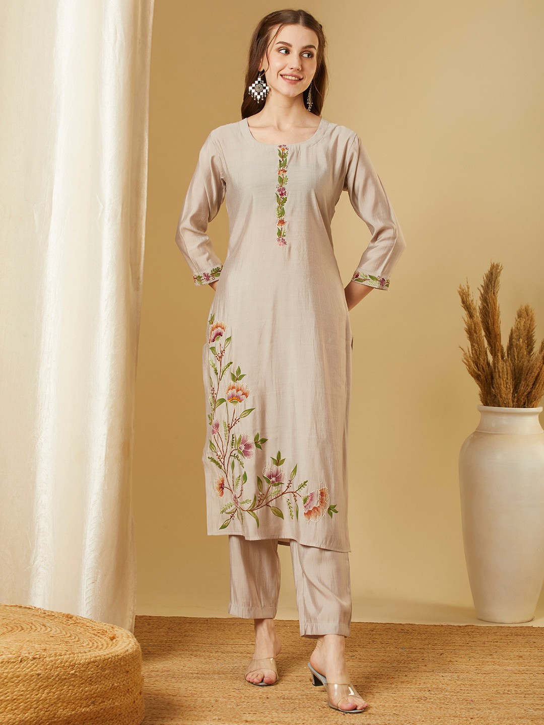 

FASHOR Floral Embroidered Straight Fit Tunic & Trousers, Grey