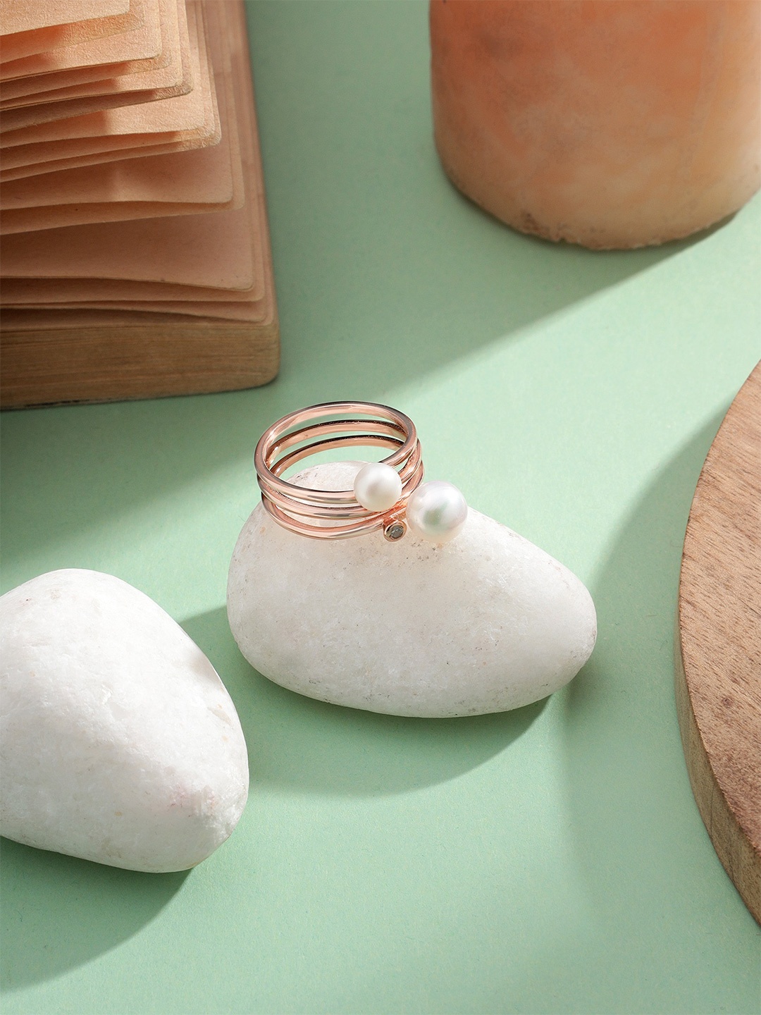

DIAVO 925 Sterling Silver Rose Gold-Plated Pearl Beaded Finger Ring