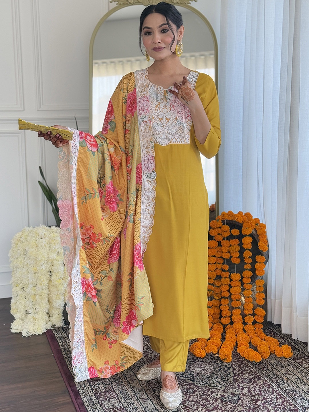 

KALINI Embroidered Thread Work Straight Kurta with Trousers & Dupatta, Yellow