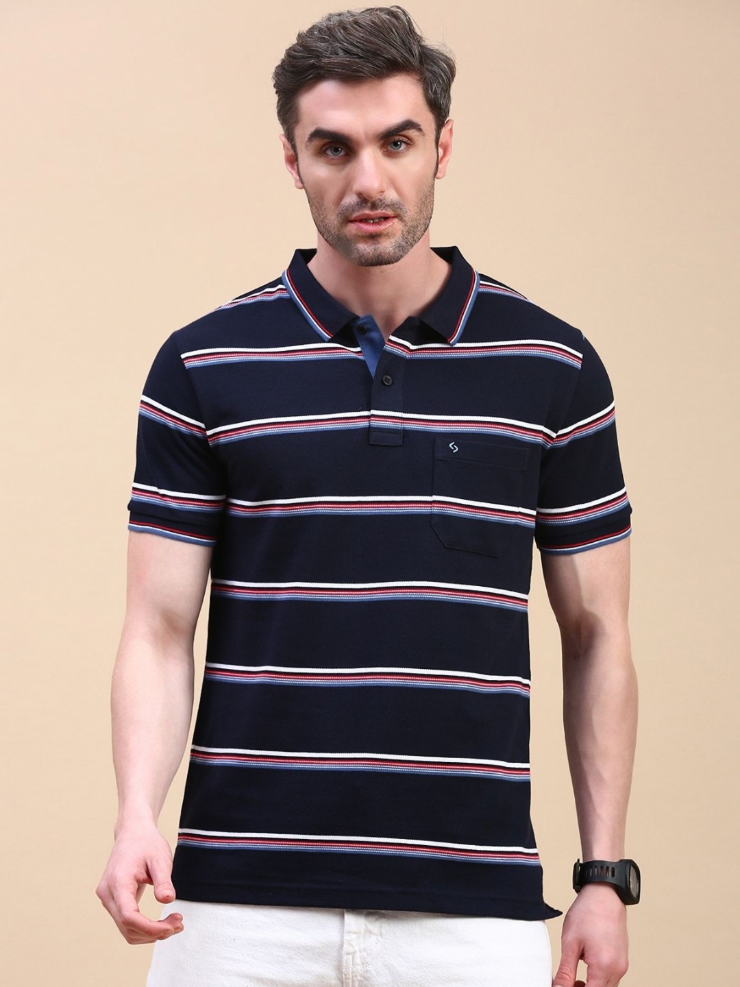 

Classic Polo Men Striped Polo Collar Pockets Slim Fit T-shirt, Navy blue