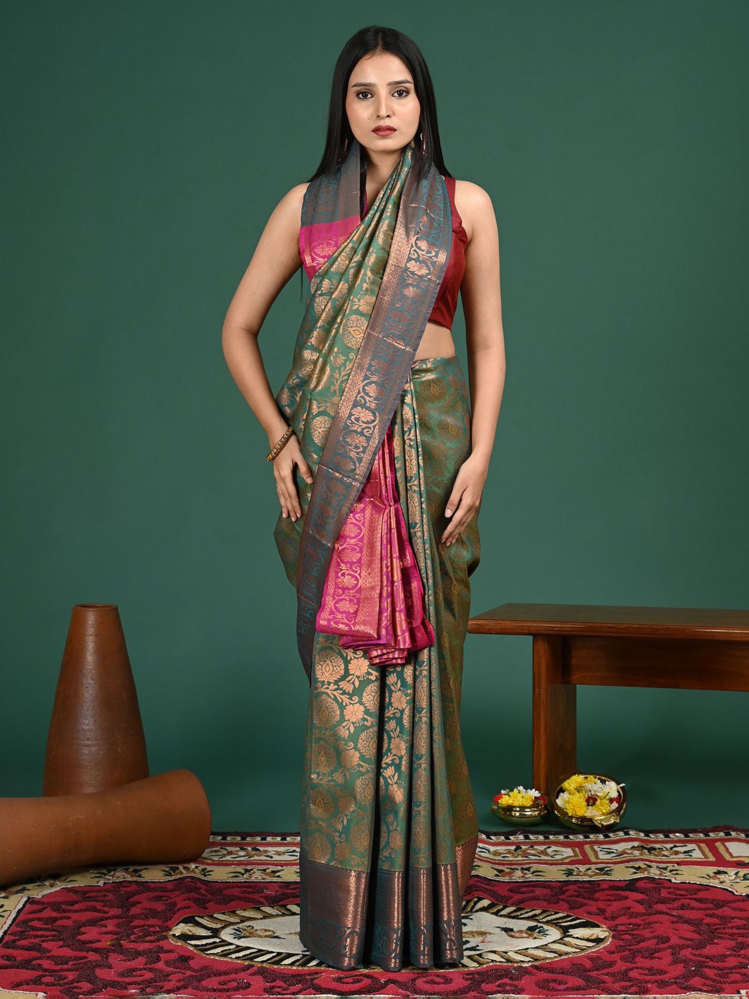 

Ushvii Woven Design Zari Kanjeevaram Saree, Sea green