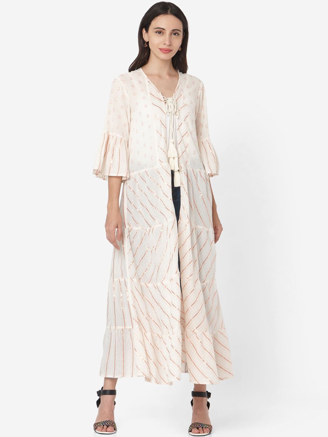

DIVASTRI Striped Tie-Up Neck Cotton Straight Kurta, White