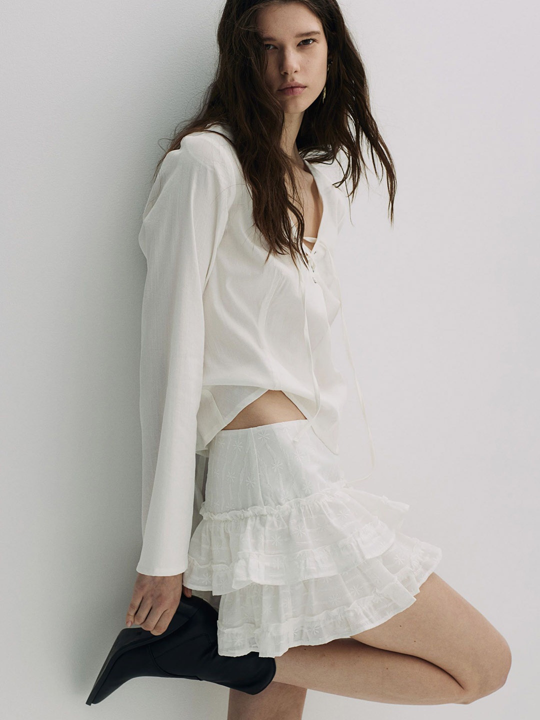 

H&M Embroidered Tiered Skirt, White