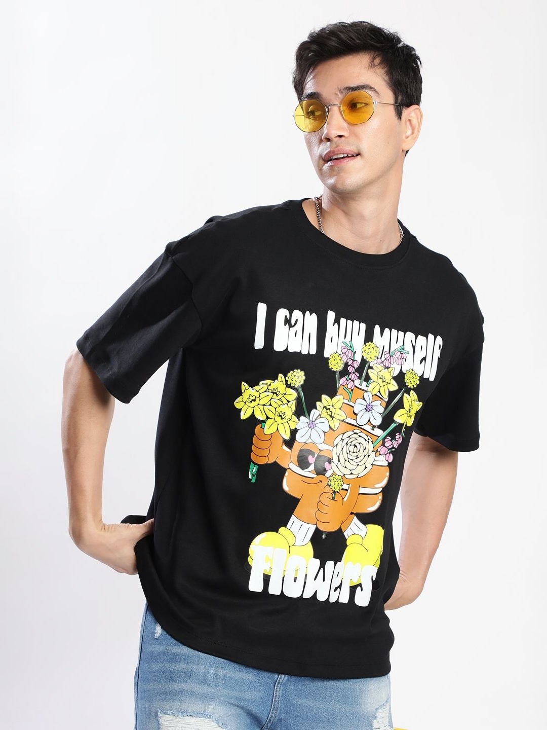 

Bene Kleed Men Printed Drop-Shoulder Sleeves Raw Edge T-shirt, Black