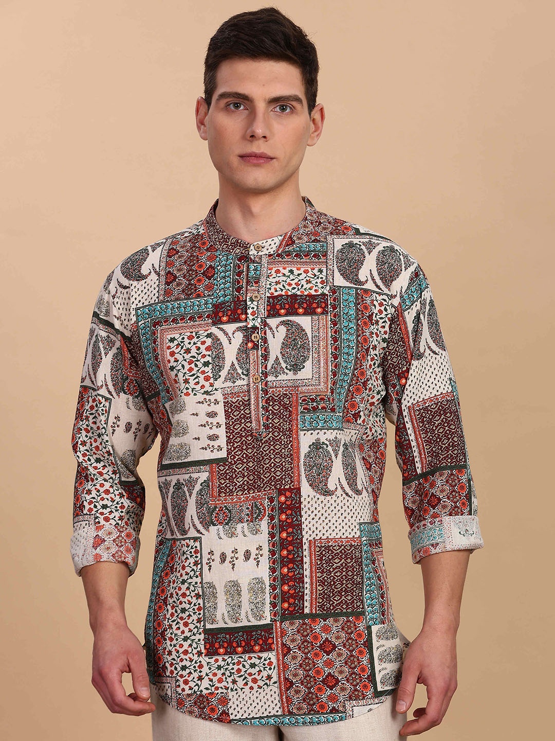 

Anouk Ethnic Motifs Printed Band Collar Pure Cotton Short Straight Kurta, Brown