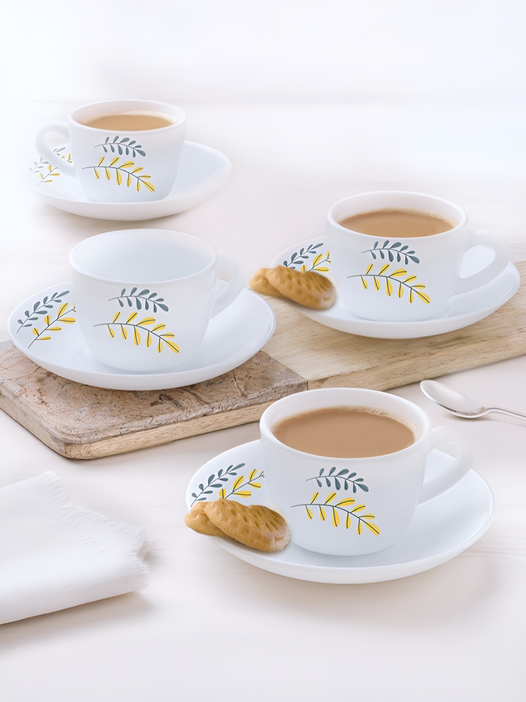 

Larah by BOROSIL White & Blue Set Of 8 Printed Microwave Safe Opalware Tea Set