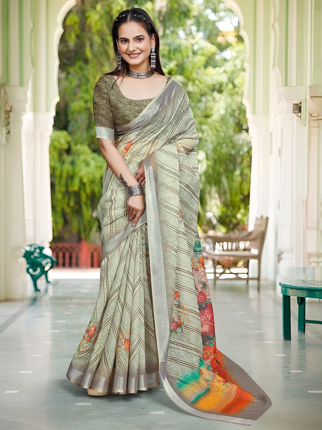 

Iris Floral Zari Pure Cotton Saree, Green