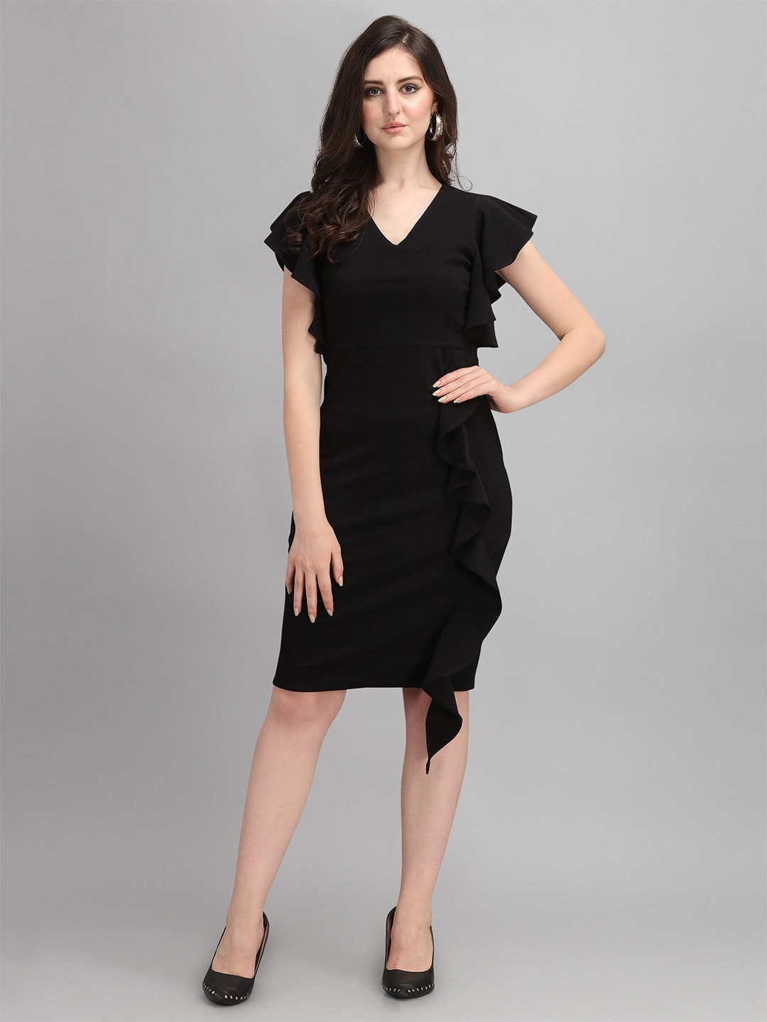 

De La Moda Flutter Sleeve Ruffled Bodycon Dress, Black