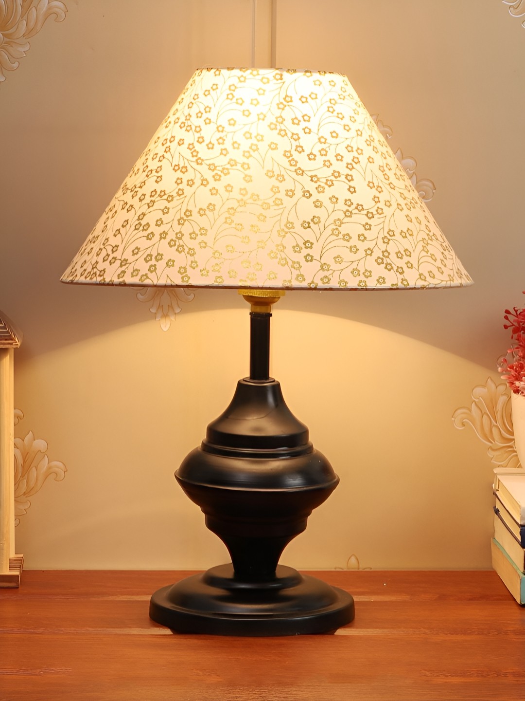 

BrightDaisy Beige & Gold-Toned Floral Printed Frustum Shaped Table Lamp