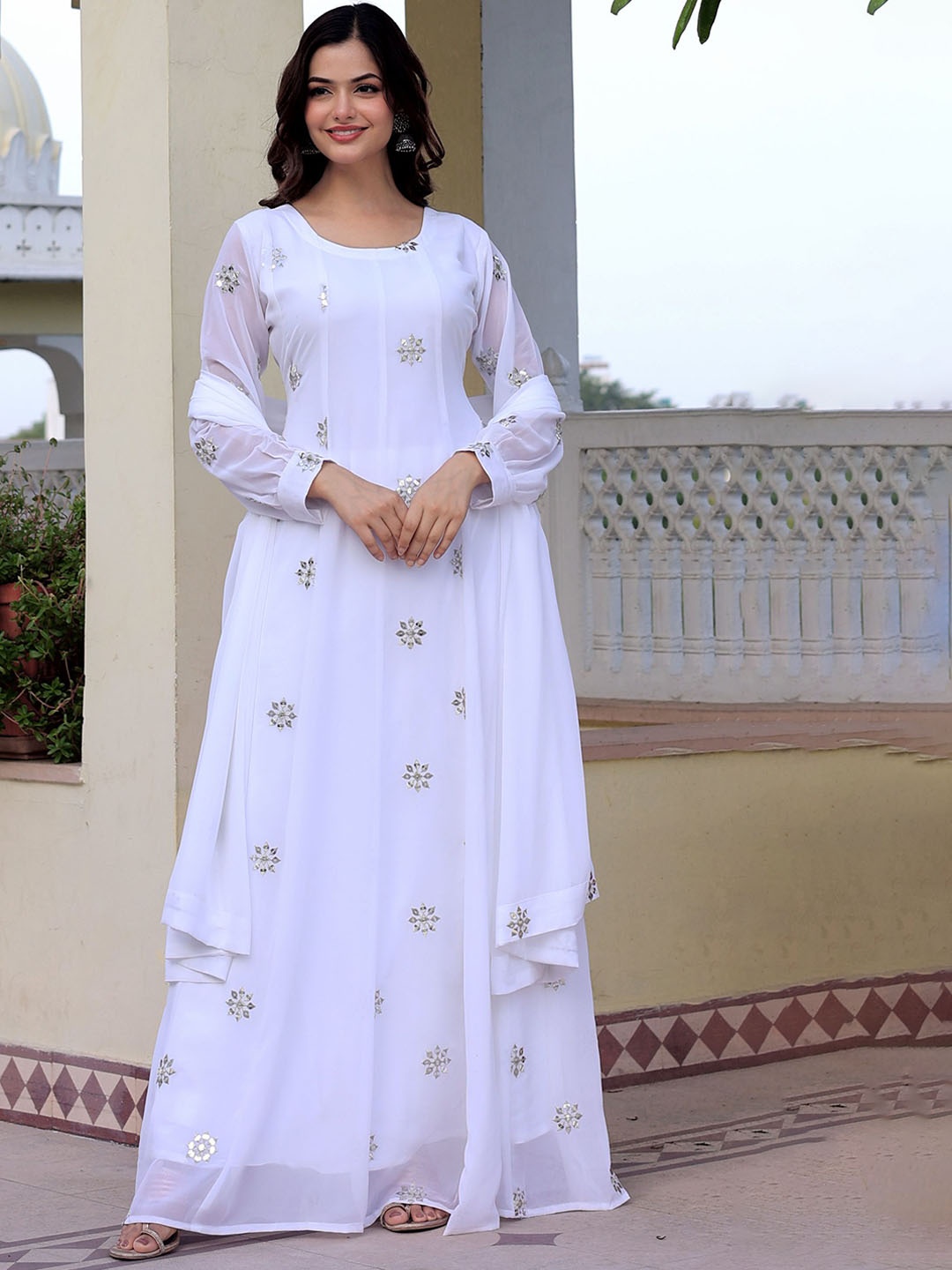 

Fashion Basket Embroidered Anarkali Mirror Work Kurta With Pyjamas And Dupatta, White