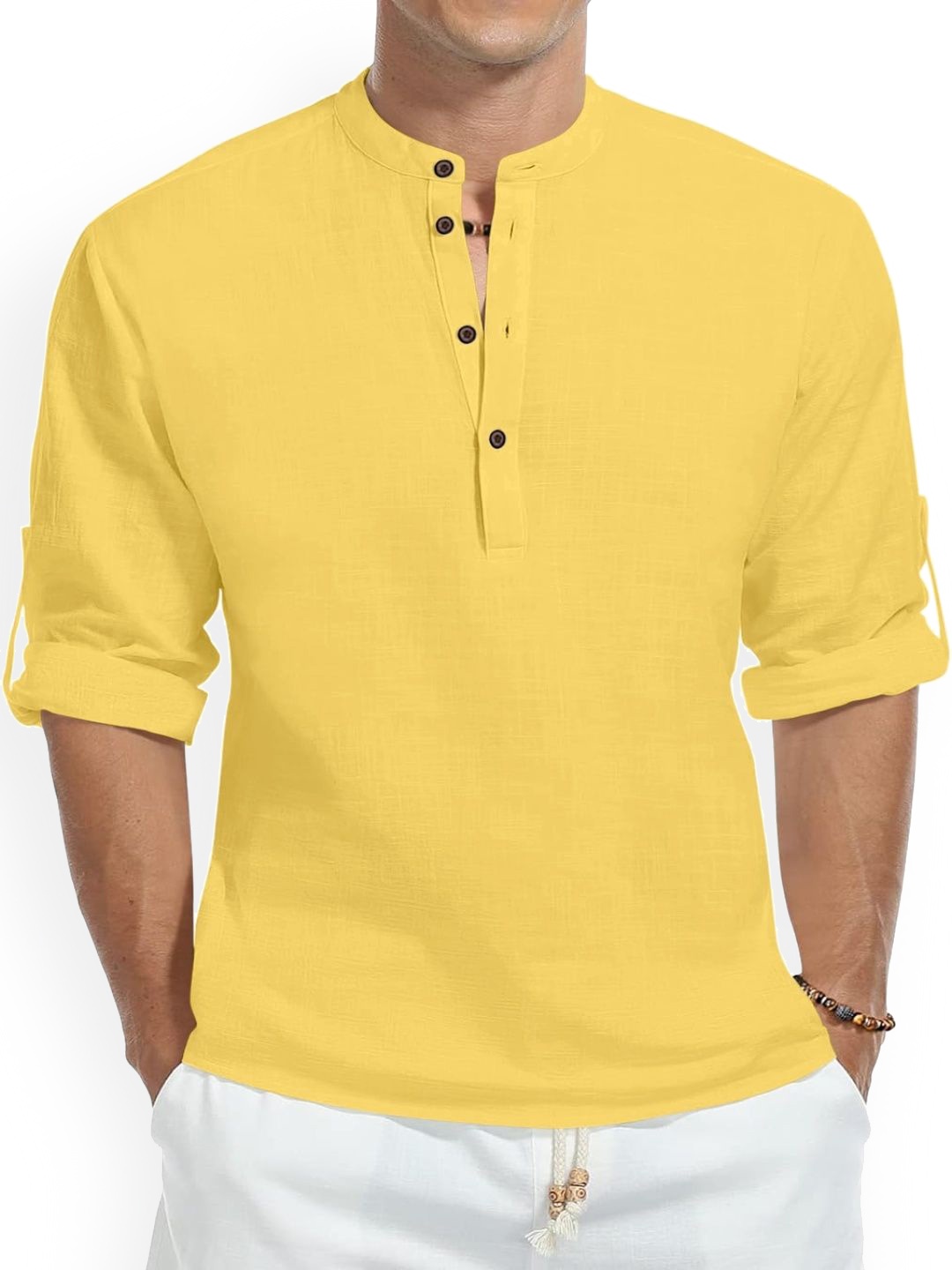 

Fifth U Band Collar Roll-Up Sleeves Straight Short Kurta, Yellow