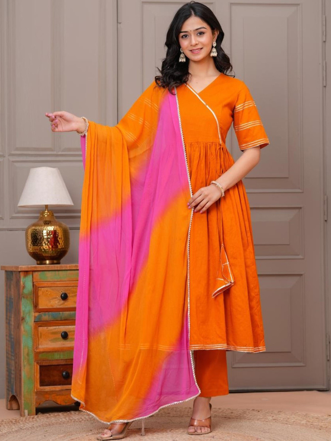 

AUTUMN LANE V-Neck Anarkali Pure Cotton Kurta With Trousers And Dupatta, Orange