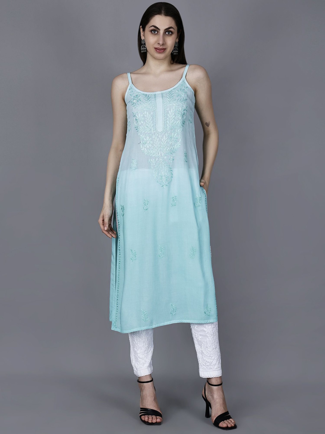 

NAZAQAT ETHNIC INDIA Floral Embroidered Chikankari Shoulder Straps Modal Kurta, Turquoise blue