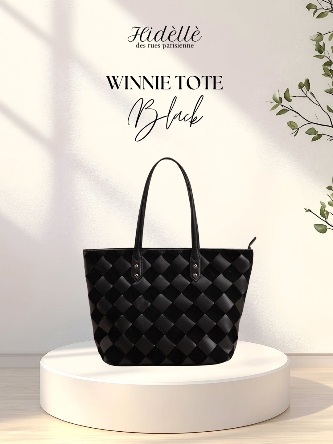 

Hidelle Printed Leather Oversized Shopper Tote Bag with Cut Work, Black