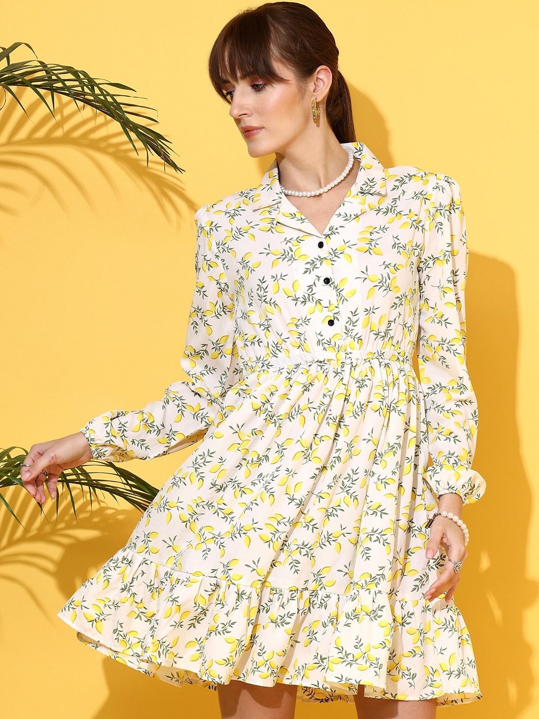 

De La Moda Floral Print Crepe Shirt Dress, Yellow