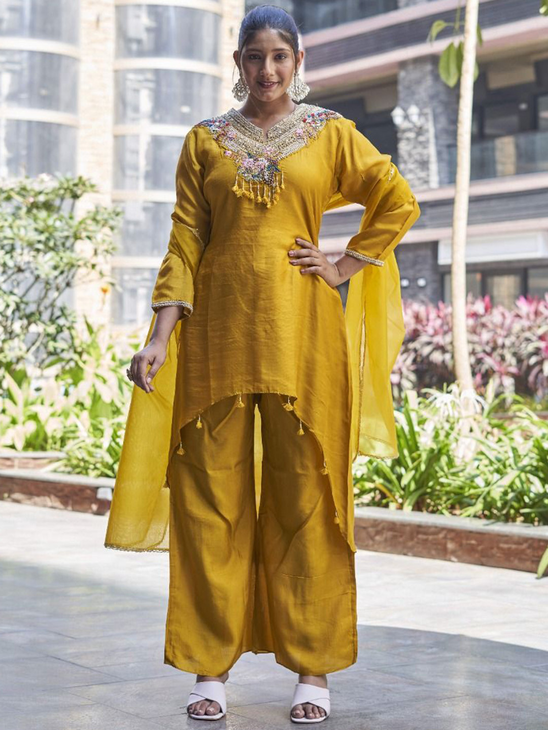 

NISHTHA Floral Yoke Design Thread Work A-Line Kurta With Palazzos & Dupatta, Mustard