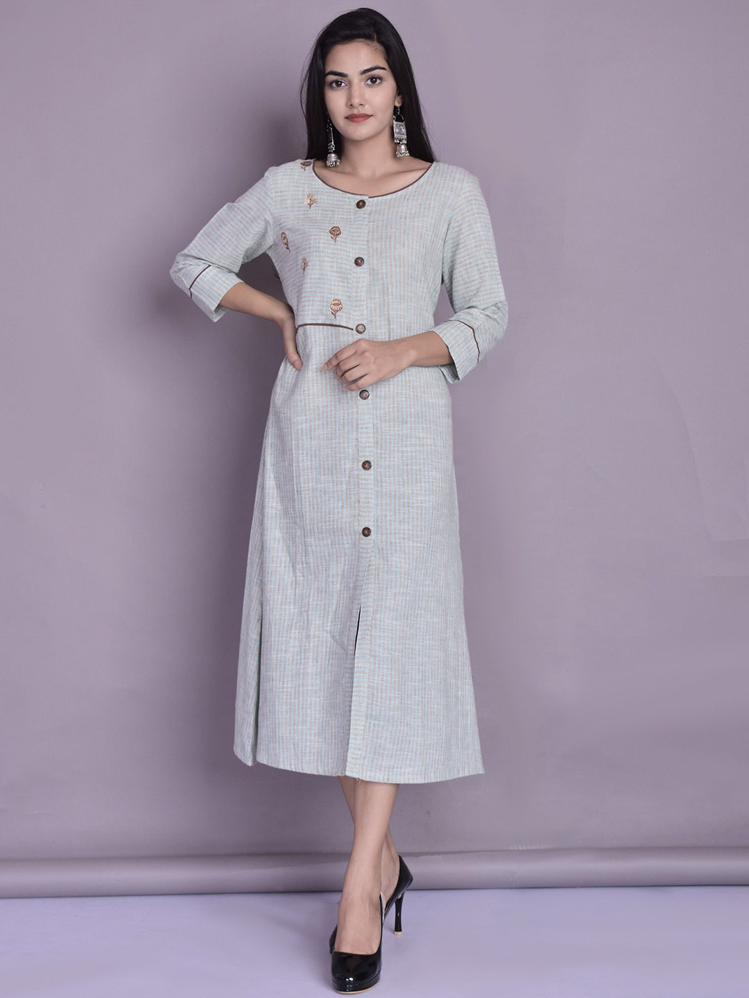 

Anootha Striped Round Neck Cotton Fit And Flare Dress, Sea green