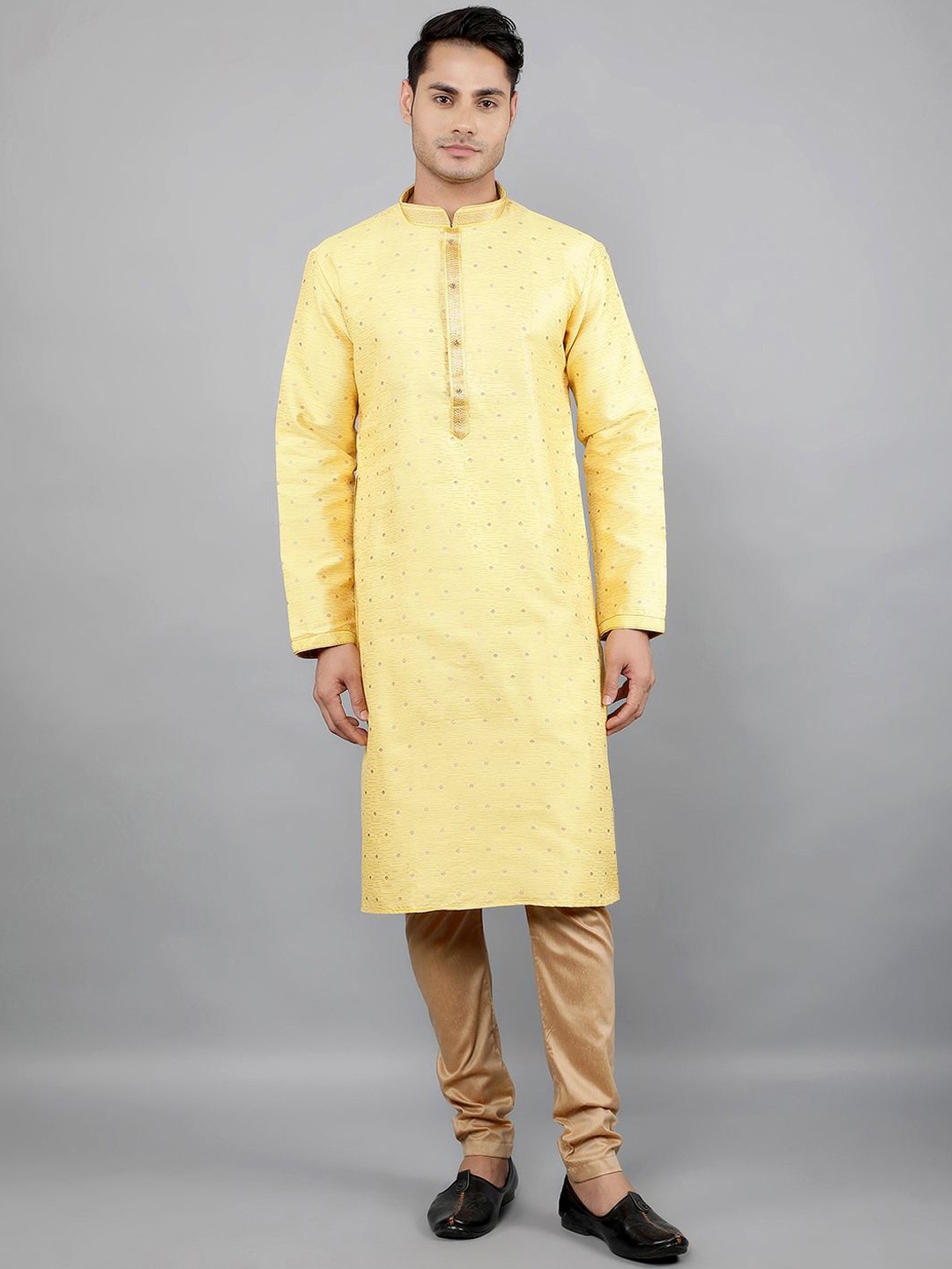 

Manish Creations Floral Woven Design Band Collar Jacquard Kurta with Churidar, Yellow