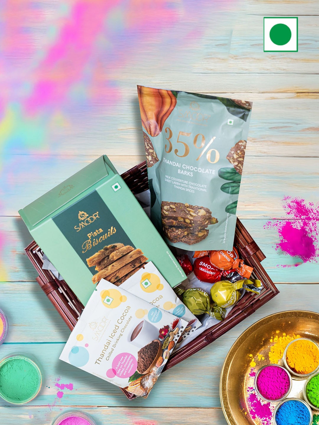 

SMOOR Set Of 4 Pista Biscuit Sticks Iced Thandai Cocoa Mix 2 & Thandai Chocolate Barks, Green